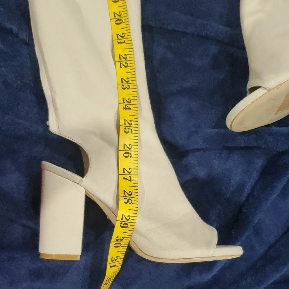 RAYE Cream Thigh High Over-the-Knee Peep Toe Open Heel Back Zip Boots